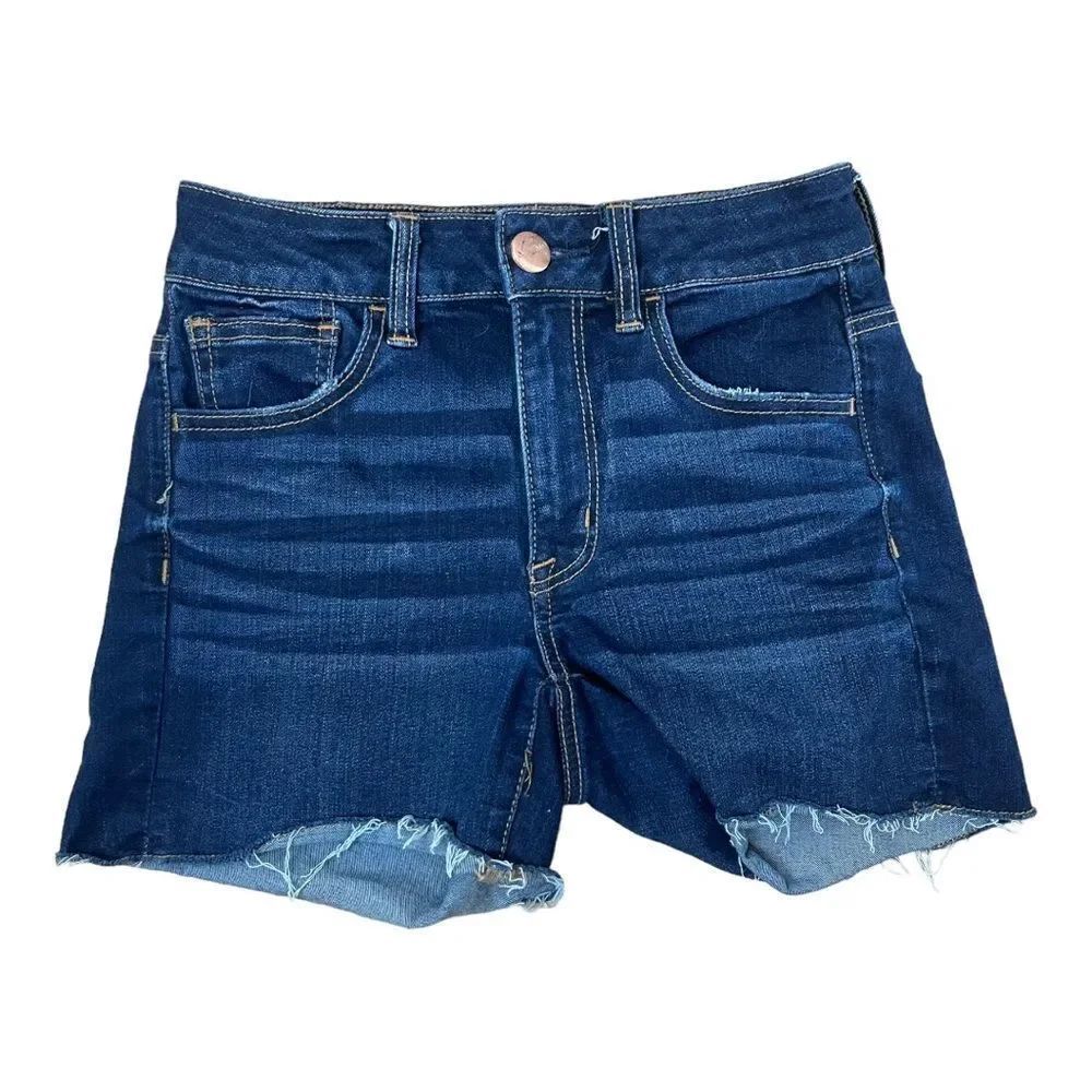 American Eagle Hi Rise Shortie Jean Shorts Sz 2 Dark Wash Cut Off Super Stretch
